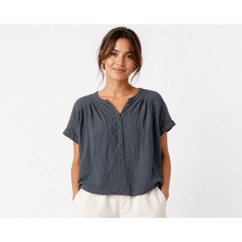 Pact Organic Cotton Gauze Blouse Top XS Navy Blue Short Sleeve Minimalist Gorp
